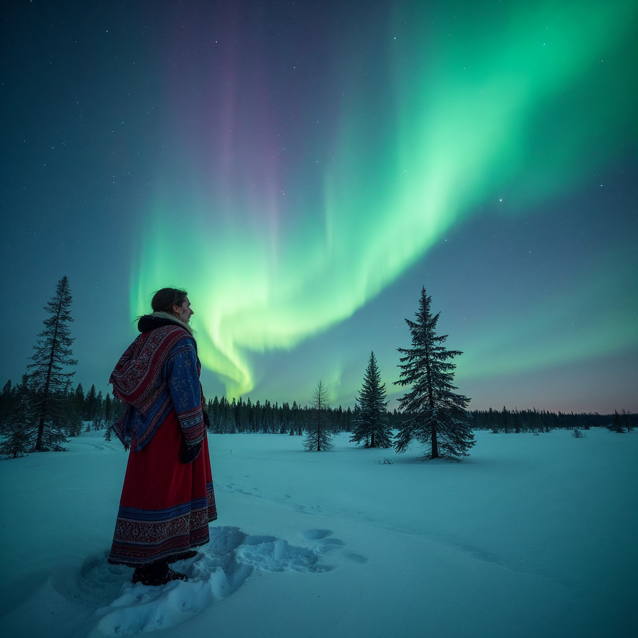 Woman viewing northern lights in snowy forest Woman viewing northern lights in snowy forest