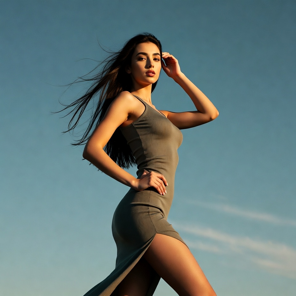 Brunette woman posing in gray slit dress Brunette woman posing in gray slit dress