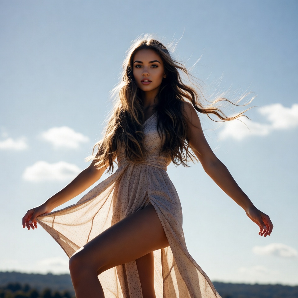 Woman in gold dress with flowing hair Woman in gold dress with flowing hair