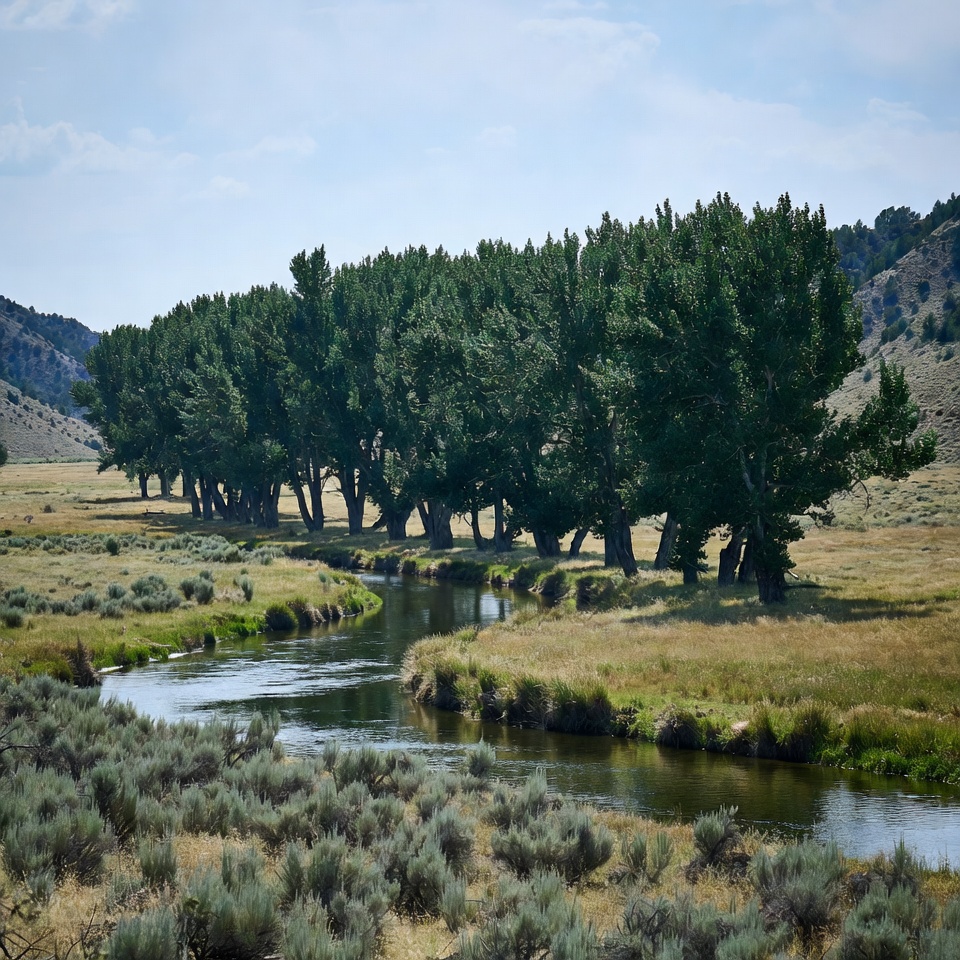 Row of green trees along winding river Row of green trees along winding river