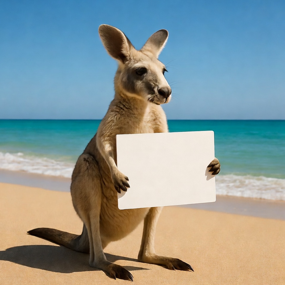 Kangaroo holding blank sign on beach Kangaroo holding blank sign on beach