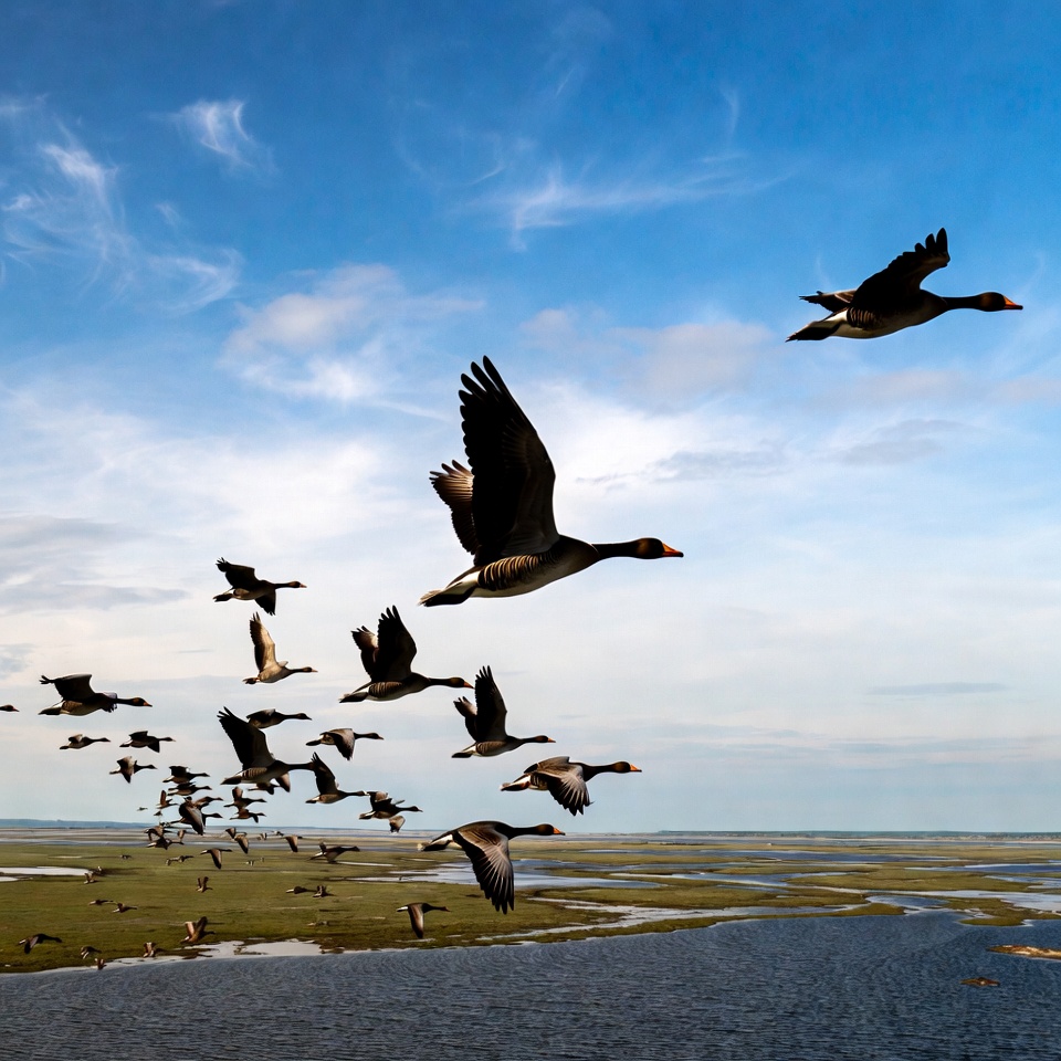 Flock of Canada Geese Flying over Marsh Flock of Canada Geese Flying over Marsh