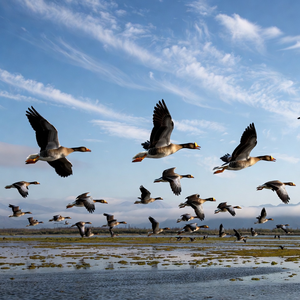 Flock of Geese Flying over Wetland Flock of Geese Flying over Wetland