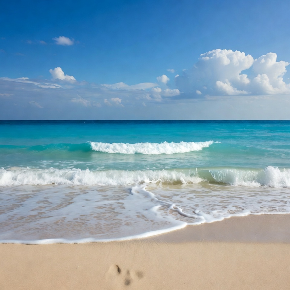 Sandy Beach with Footprint and Ocean Waves Sandy Beach with Footprint and Ocean Waves