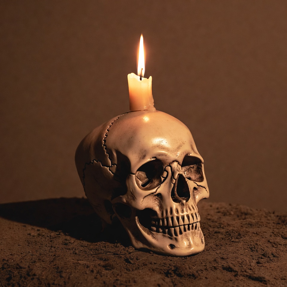 Candle Burning on Human Skull Candle Burning on Human Skull