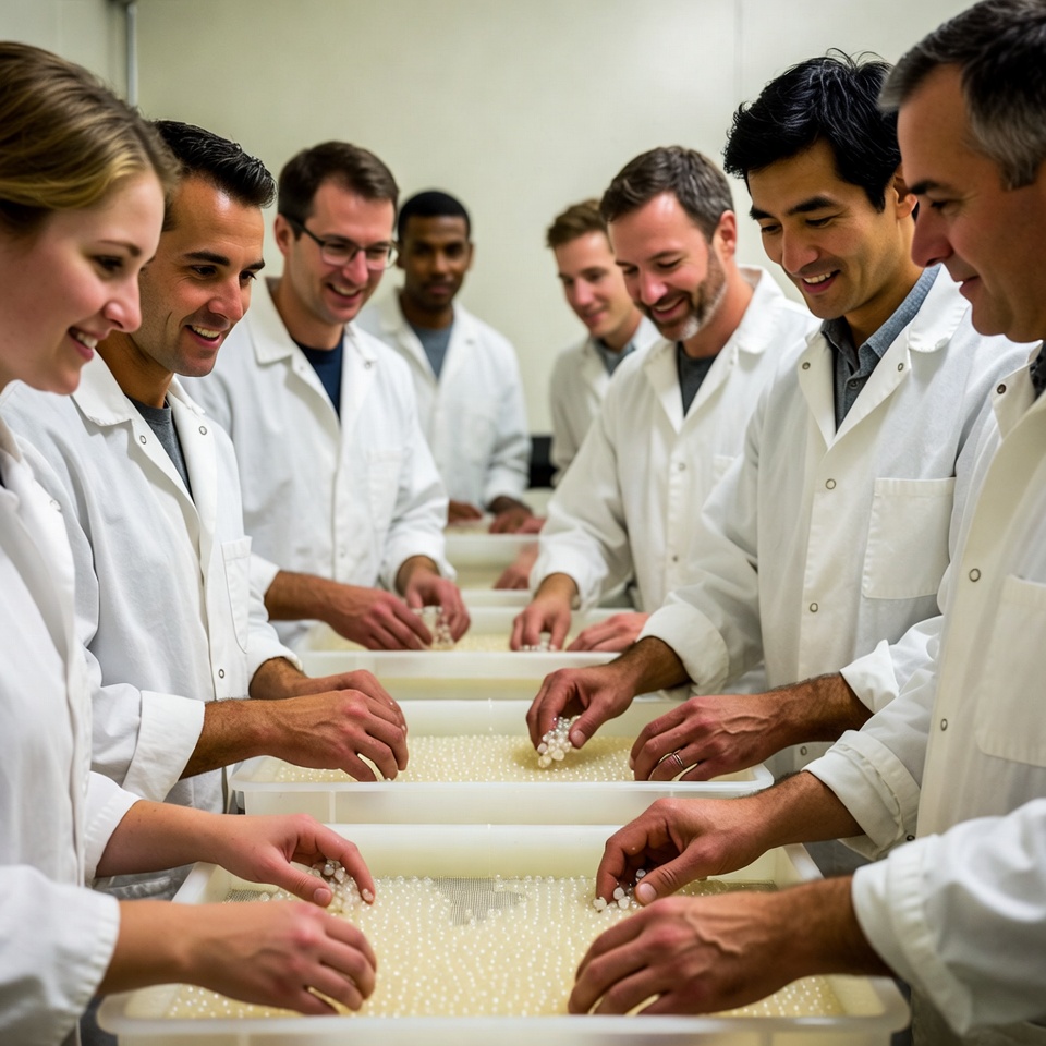 Diverse scientists sorting pearls in lab Diverse scientists sorting pearls in lab