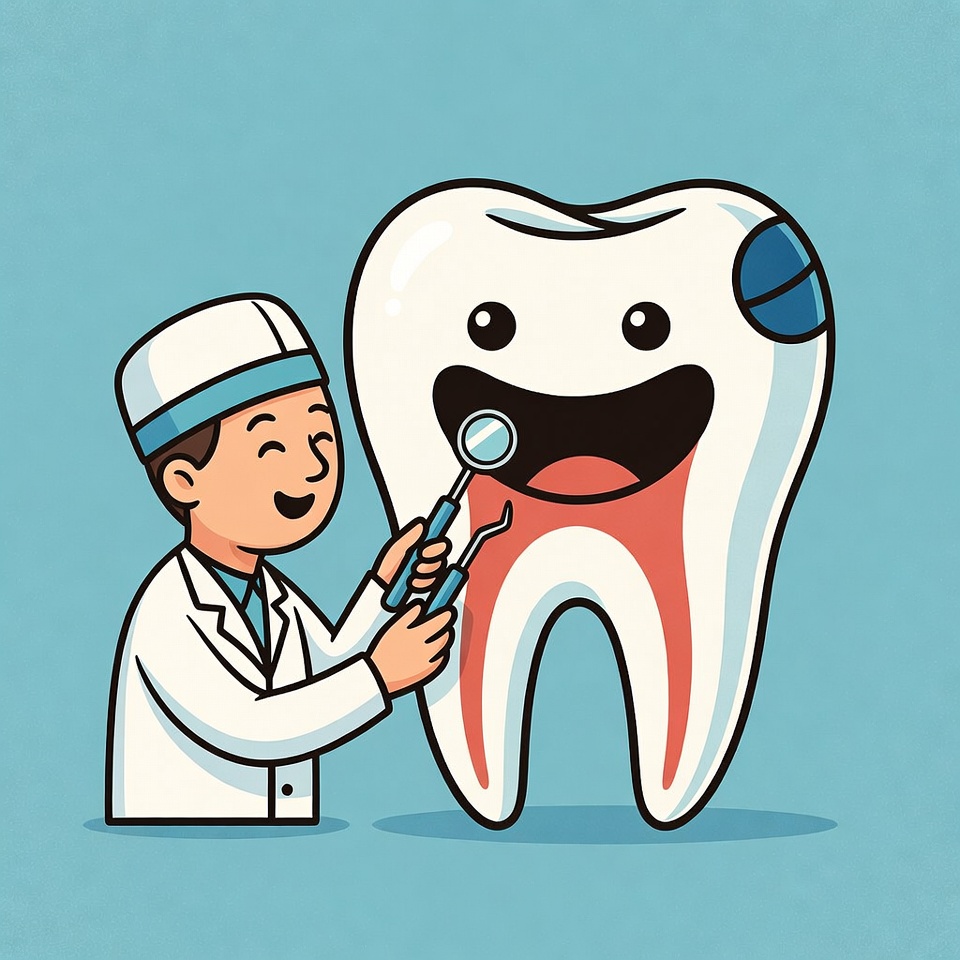 Dentist examining cartoon tooth Dentist examining cartoon tooth