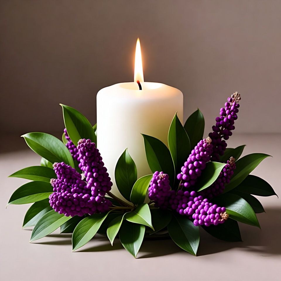 White Candle with Purple Flowers White Candle with Purple Flowers