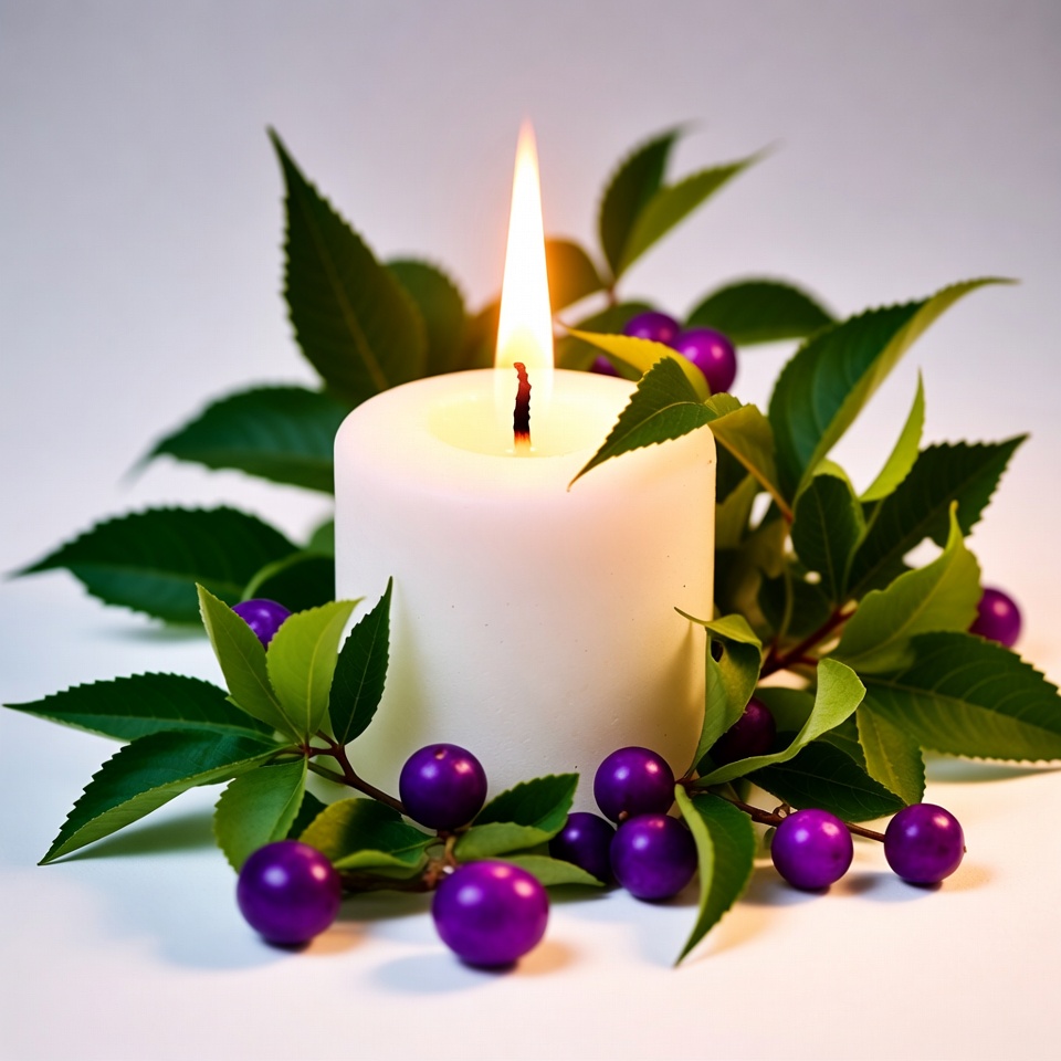 White Candle with Purple Berries and Leaves White Candle with Purple Berries and Leaves