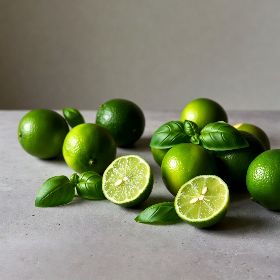 Fresh limes with basil leaves Fresh limes with basil leaves