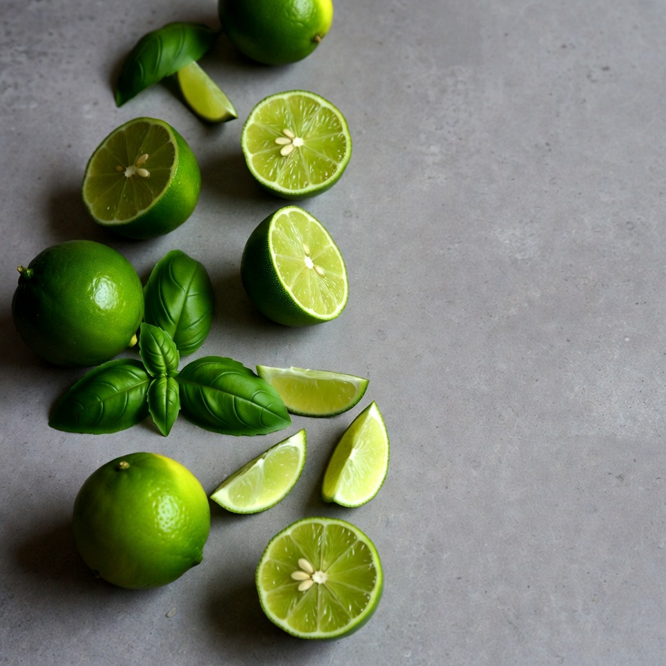 Fresh Limes and Basil on Gray Surface Fresh Limes and Basil on Gray Surface