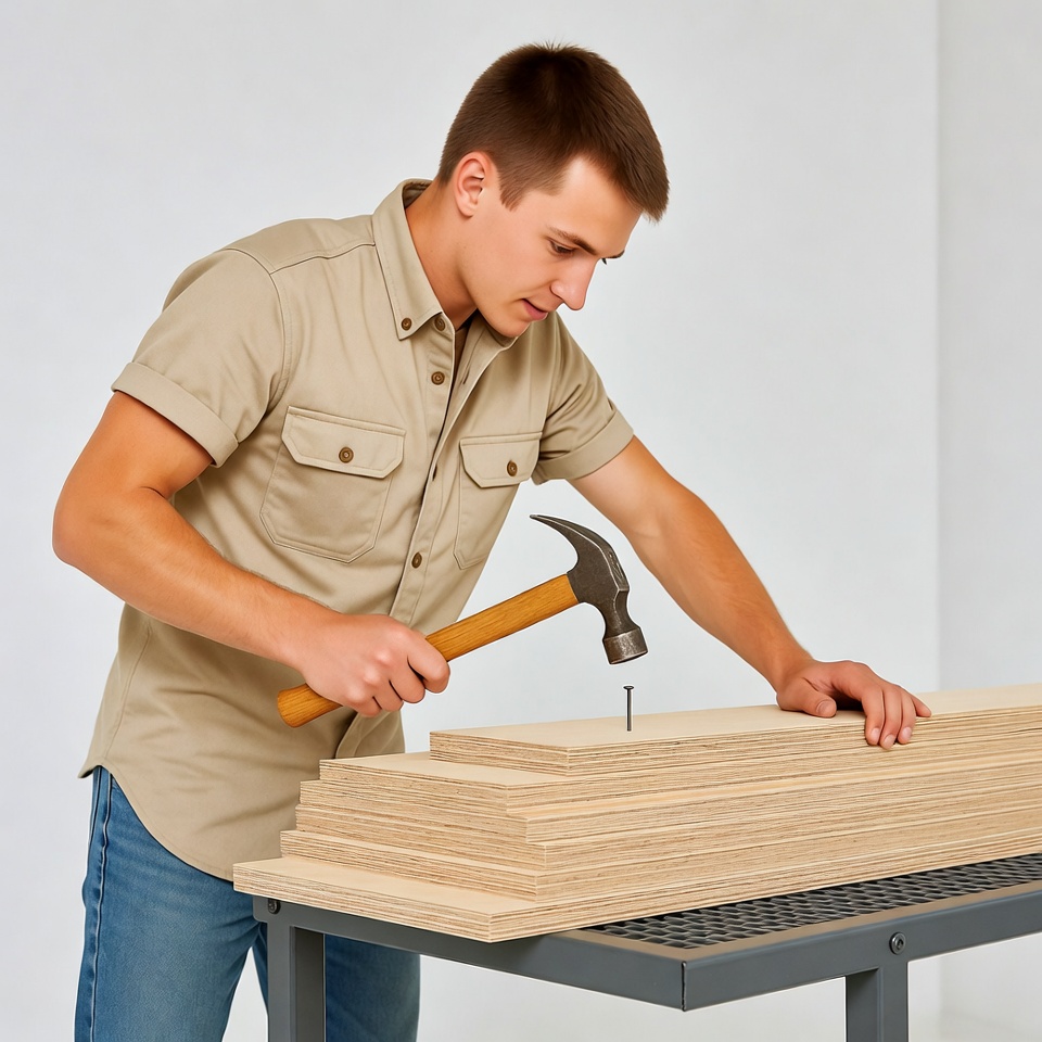 Man hammering nail into plywood Man hammering nail into plywood