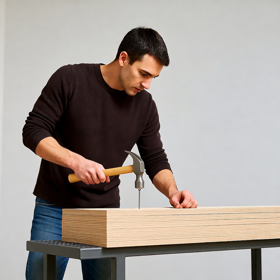 Man hammering nail into wood Man hammering nail into wood