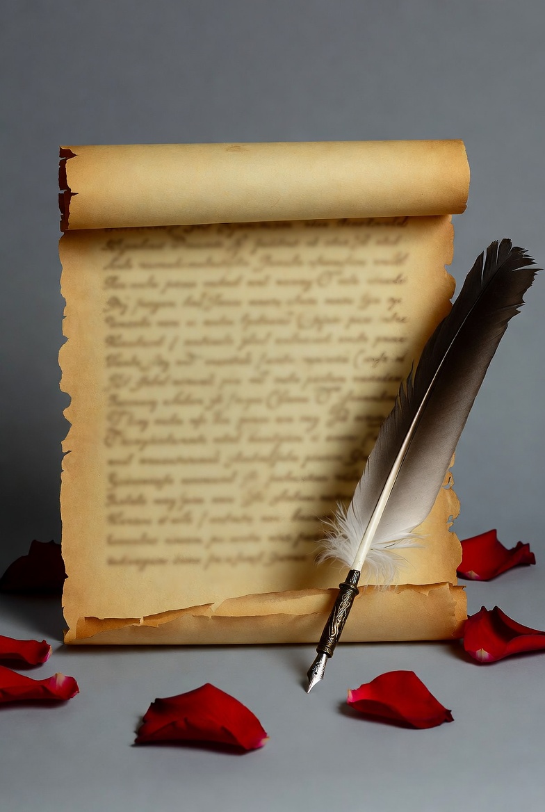 Ancient Scroll with Quill Pen and Roses Ancient Scroll with Quill Pen and Roses