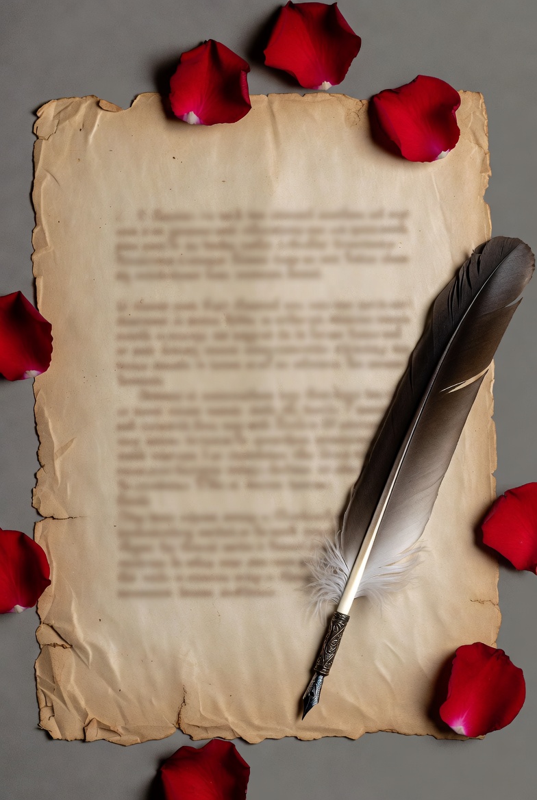 Old parchment with quill and red roses Old parchment with quill and red roses