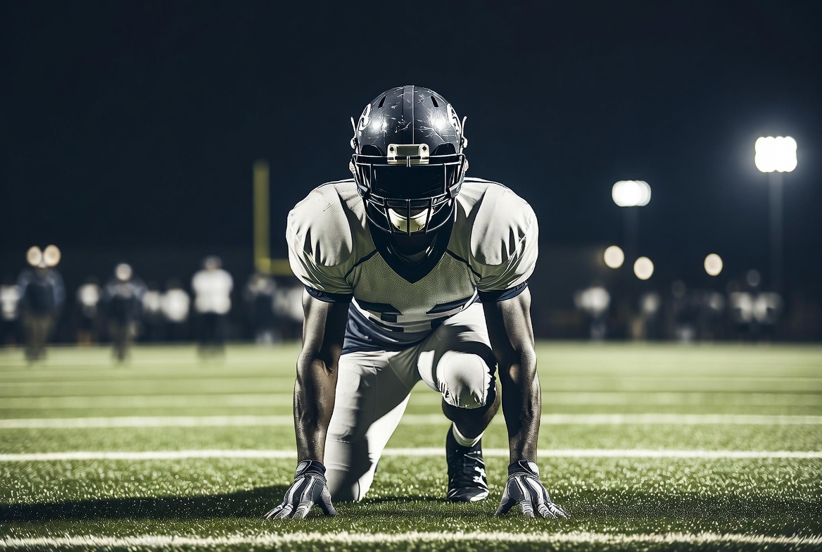 African-American football player in ready stance African-American football player in ready stance