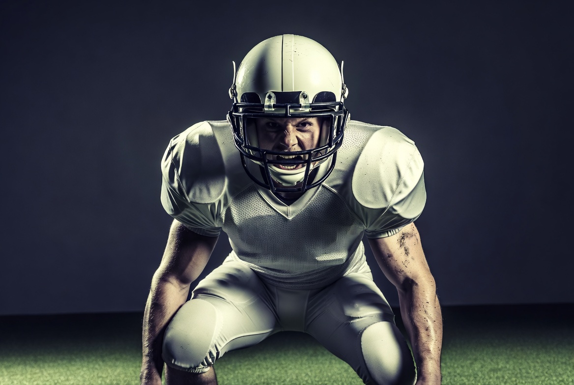 Football player in white uniform crouching Football player in white uniform crouching