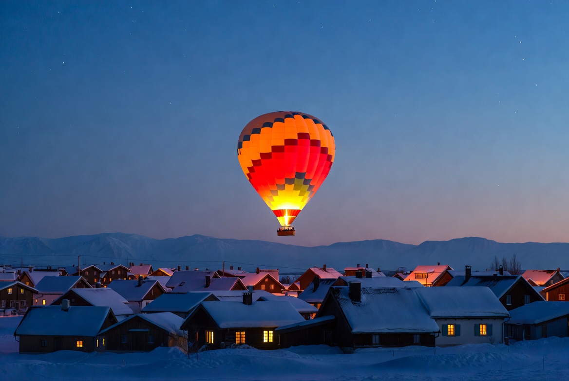 Hot Air Balloon Over Snowy Village Hot Air Balloon Over Snowy Village