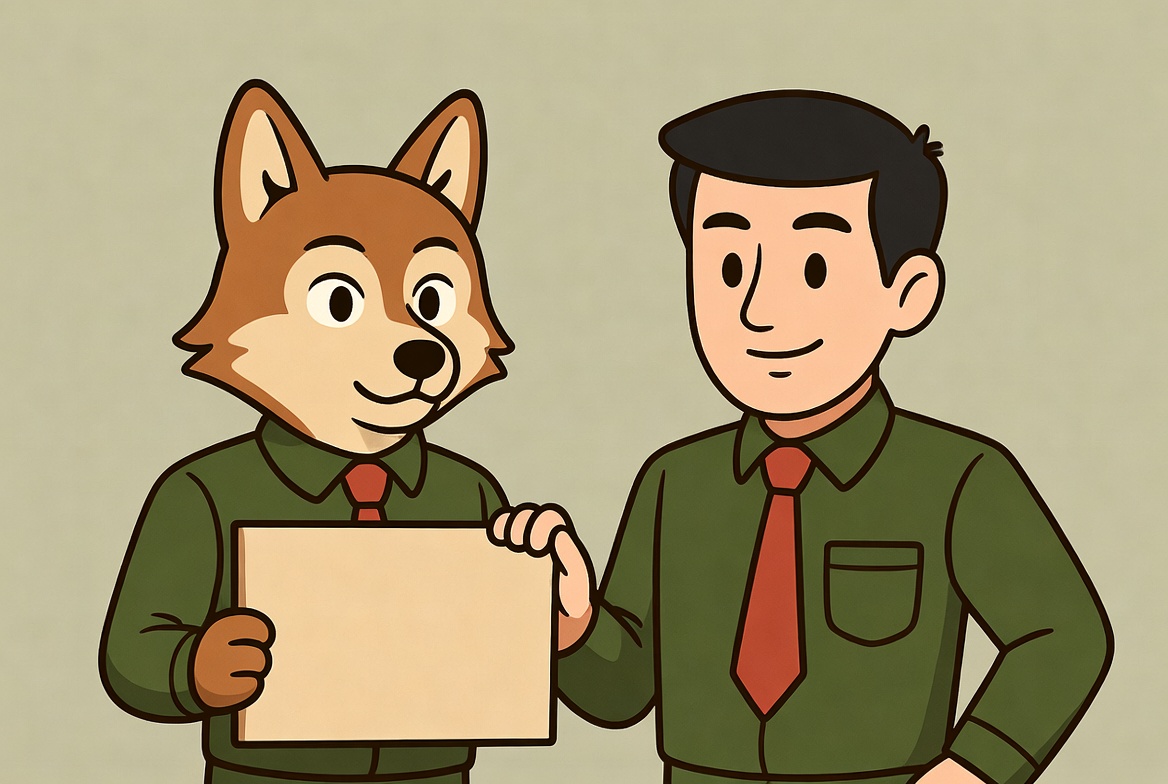 Man and fox holding blank sign Man and fox holding blank sign