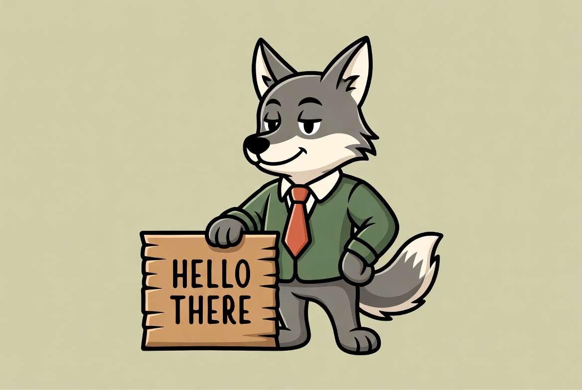 Wolf holding Hello There sign Wolf holding Hello There sign
