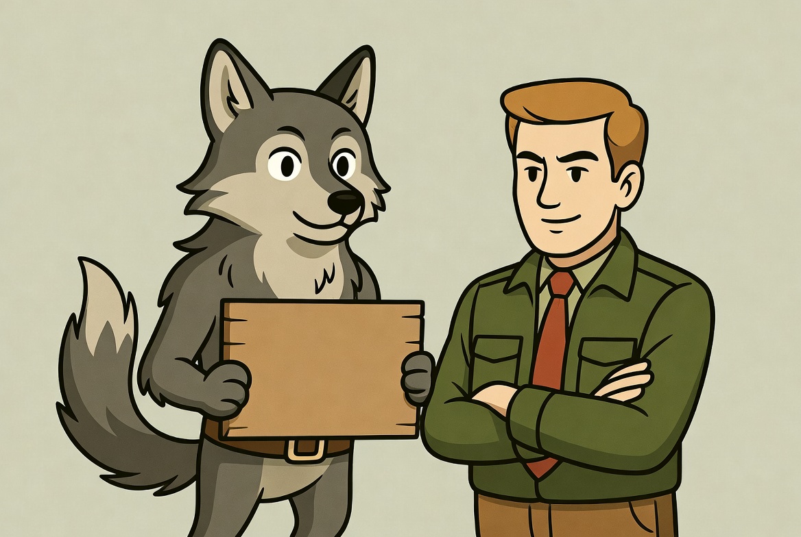 Anthropomorphic wolf holding sign with man Anthropomorphic wolf holding sign with man