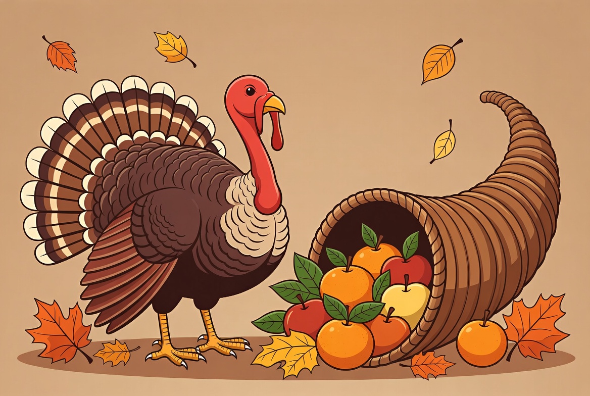 Turkey with Cornucopia and Fall Fruits Turkey with Cornucopia and Fall Fruits