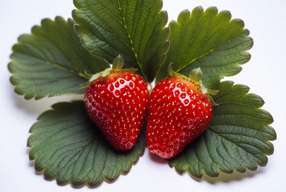 Two Ripe Strawberries on Green Leaves Two Ripe Strawberries on Green Leaves