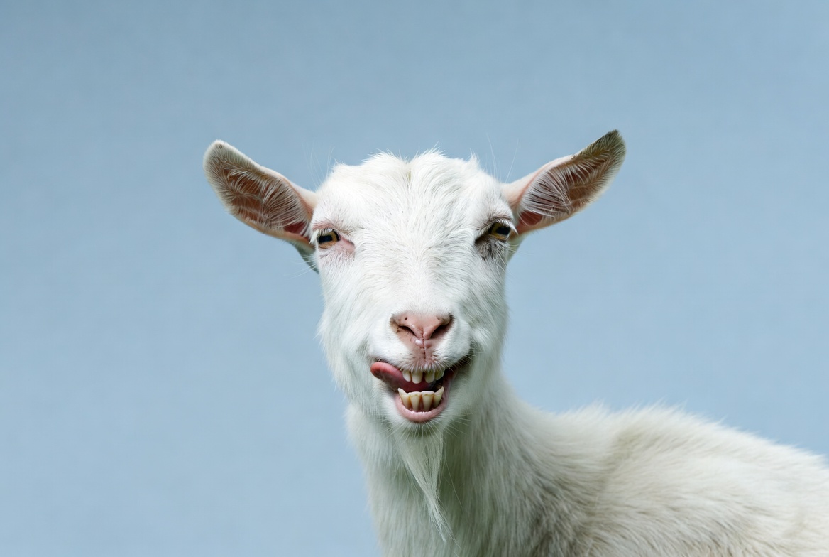 White goat laughing on blue background White goat laughing on blue background