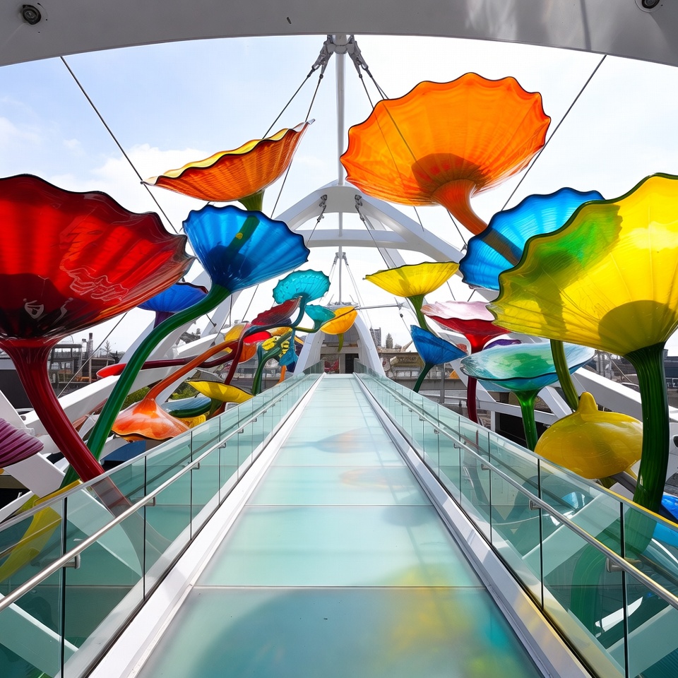 Colorful Flower Sculptures on Glass Bridge Colorful Flower Sculptures on Glass Bridge