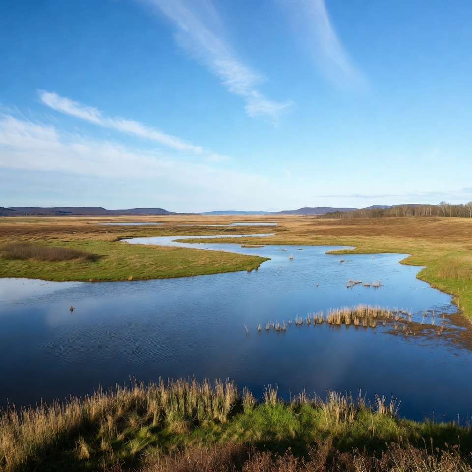 Scenic Marshland River Under Blue Sky Scenic Marshland River Under Blue Sky