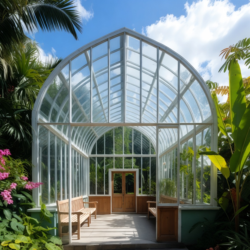 Glass Greenhouse with Tropical Plants Glass Greenhouse with Tropical Plants