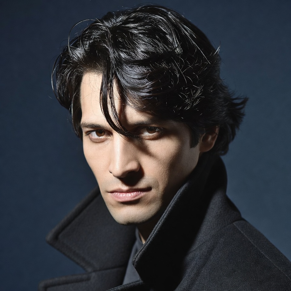 Man with dark hair in black coat Man with dark hair in black coat