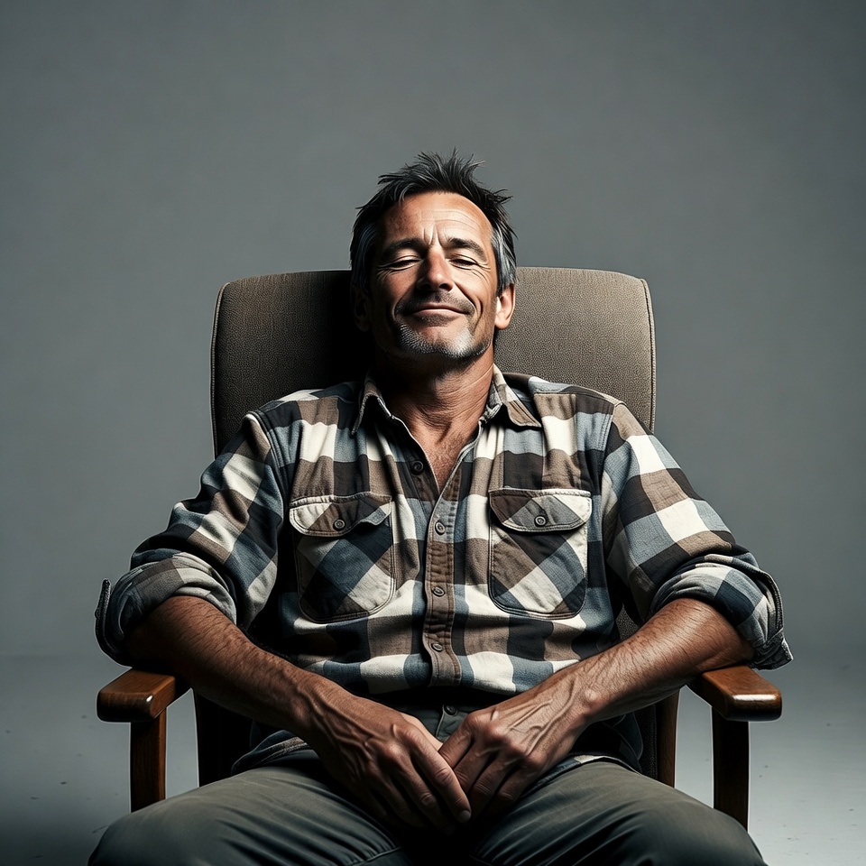 Smiling man in plaid shirt sitting in chair Smiling man in plaid shirt sitting in chair