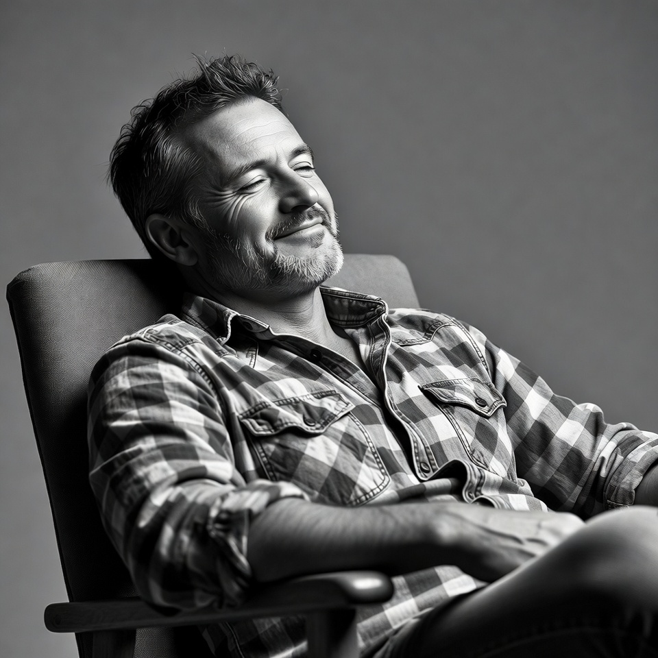 Man smiling in plaid shirt chair Man smiling in plaid shirt chair