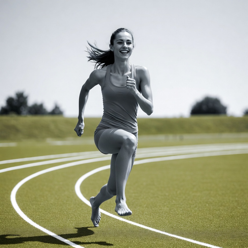 Woman running barefoot on track Woman running barefoot on track