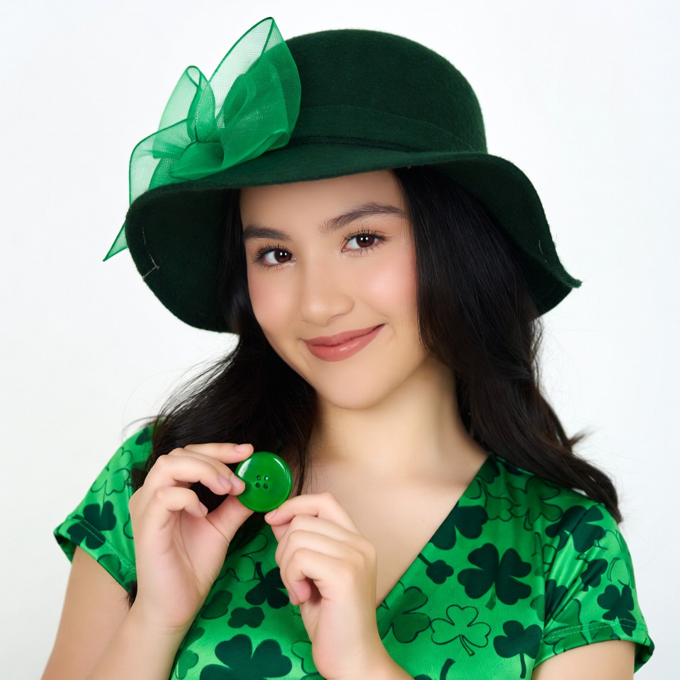 Girl in green shamrock hat holding button Girl in green shamrock hat holding button