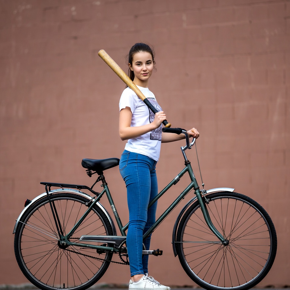 Girl with baseball bat and bicycle Girl with baseball bat and bicycle