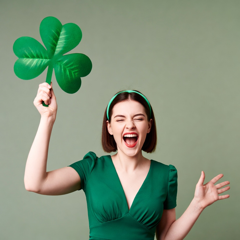 Woman shouting holding shamrock Woman shouting holding shamrock