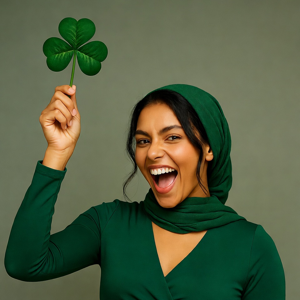 Smiling woman holding shamrock Smiling woman holding shamrock
