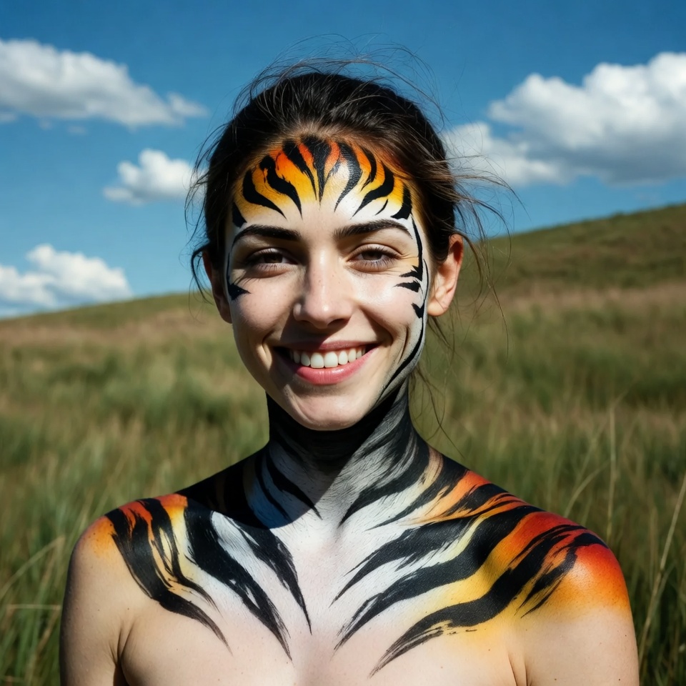 Woman with tiger face paint outdoors Woman with tiger face paint outdoors