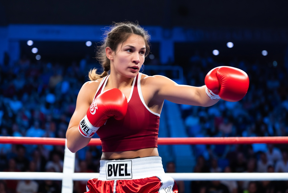Female boxer punching in ring Female boxer punching in ring