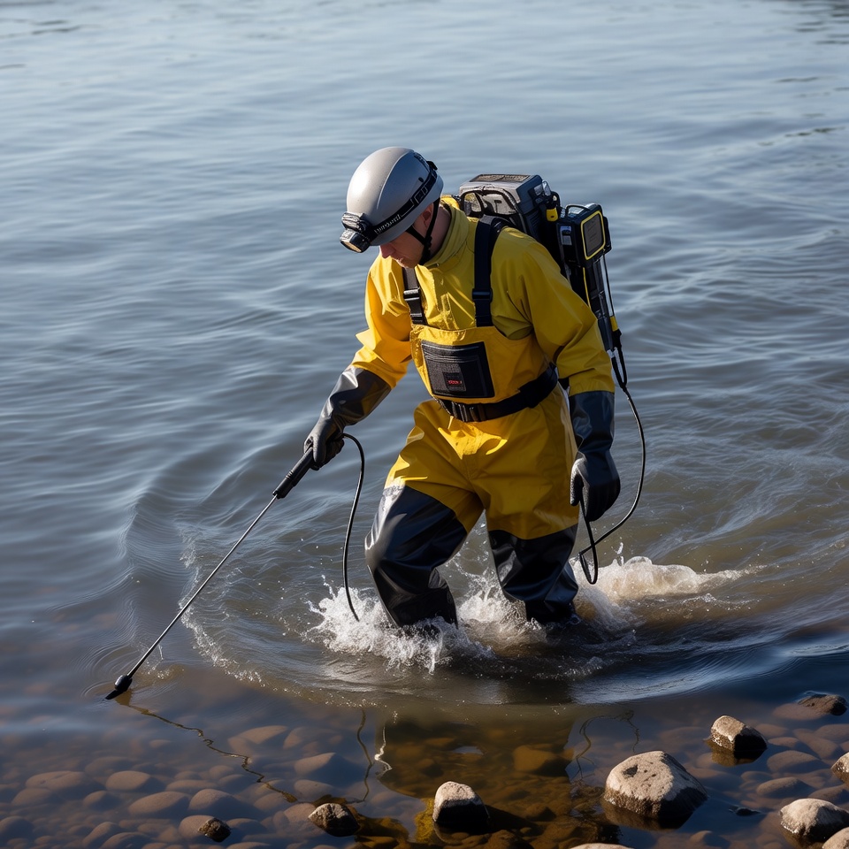 Man in yellow waders using underwater probe Man in yellow waders using underwater probe