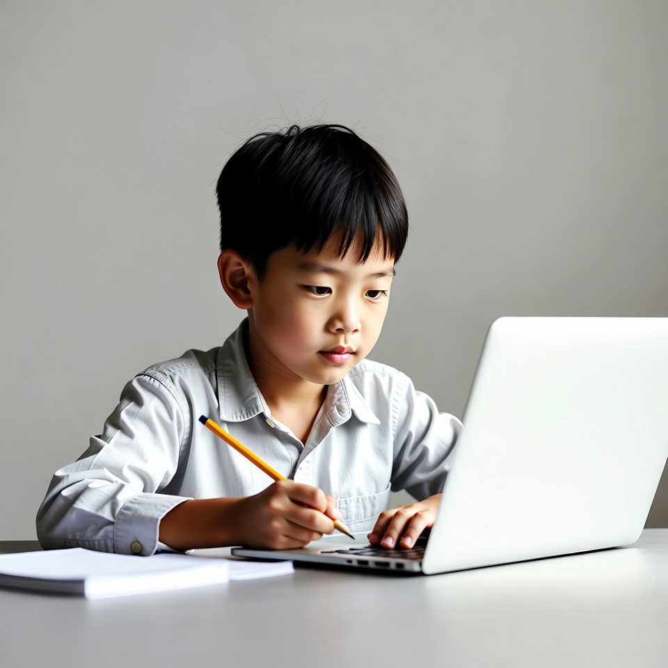 Asian boy writing on laptop Asian boy writing on laptop
