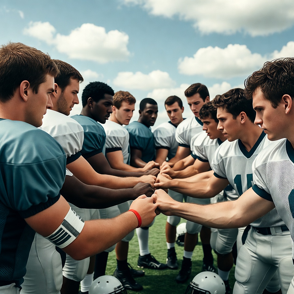 Football team huddle hands stacked Football team huddle hands stacked