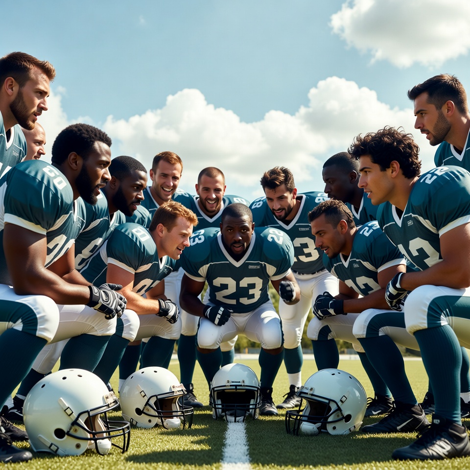 Football team huddle on field Football team huddle on field