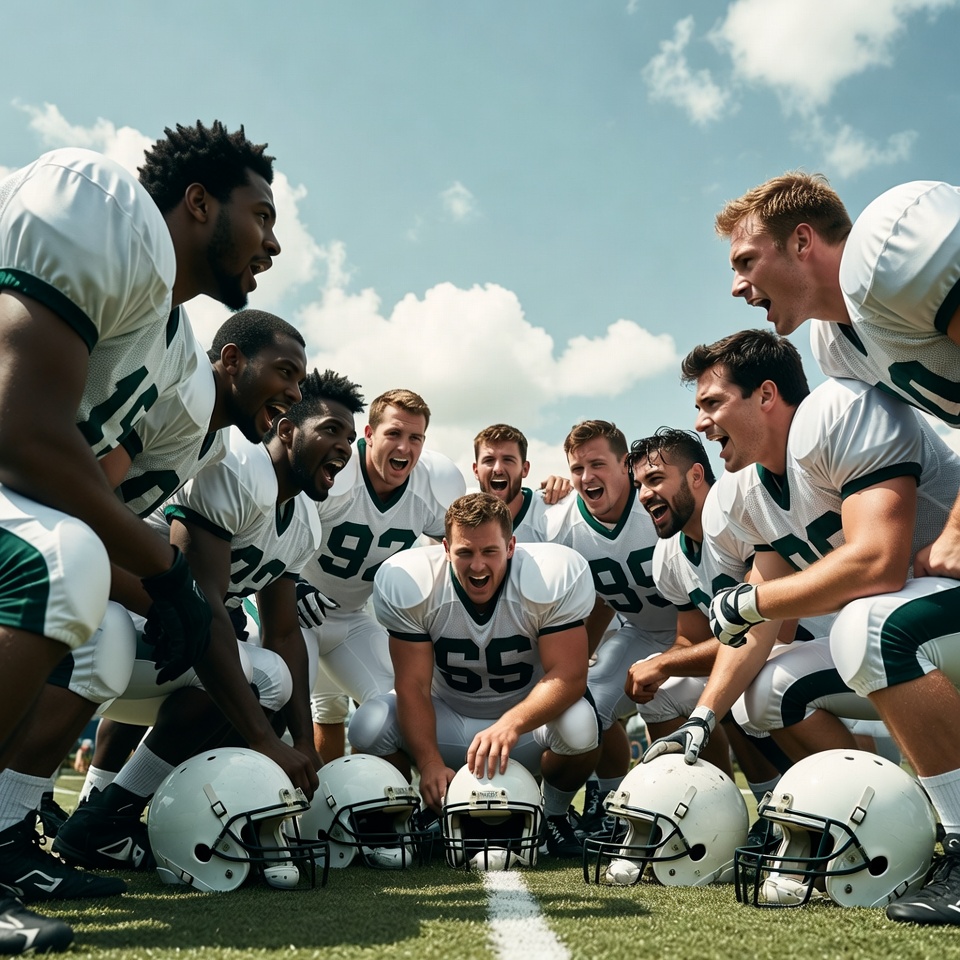 Football team huddle on field Football team huddle on field