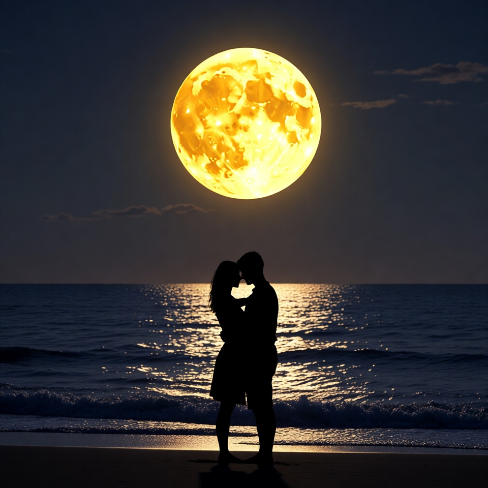 Silhouette couple kissing under full moon beach Silhouette couple kissing under full moon beach