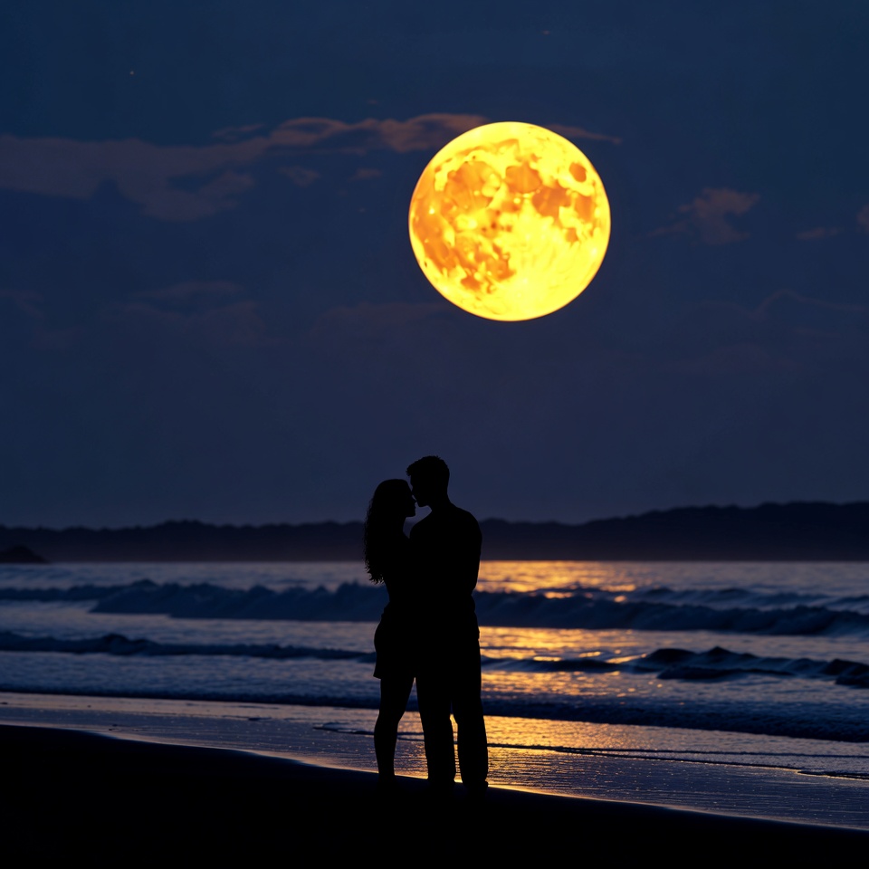 Silhouette couple kissing under supermoon beach Silhouette couple kissing under supermoon beach