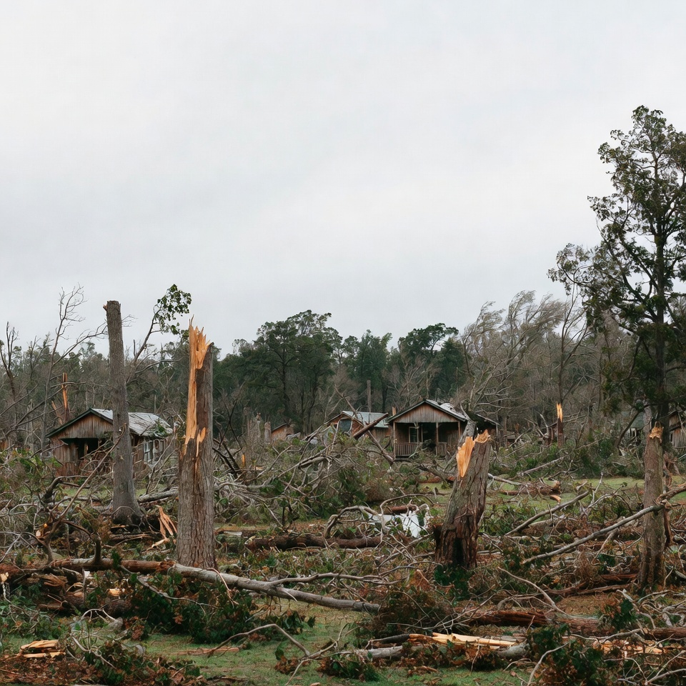 Hurricane-damaged houses and trees Hurricane-damaged houses and trees