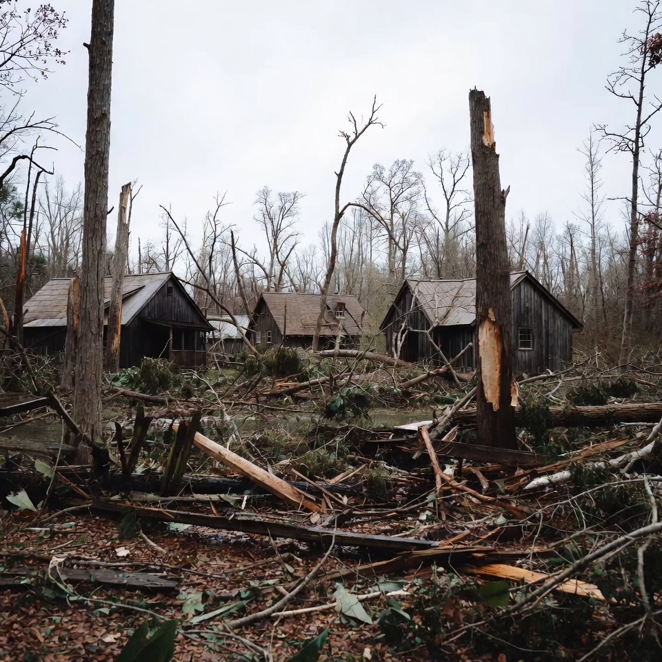 Hurricane-Damaged Cabins in Forest Hurricane-Damaged Cabins in Forest